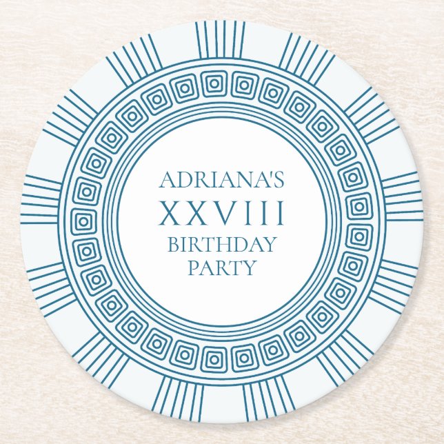 Ancient Greece themed party  with blue pattern Round Paper Coaster (Front)
