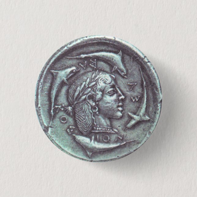 ancient Greek coin dolphins portrait button (Front)