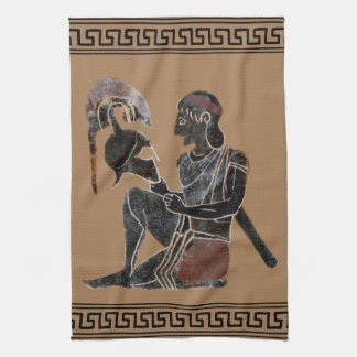Ancient Greek hoplite looking at his helmet Tea Towel