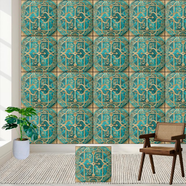 Ancient Greek Key Pattern Tile - Teal and Gold (Ancient Greek Key Pattern Tile - Teal and Gold)