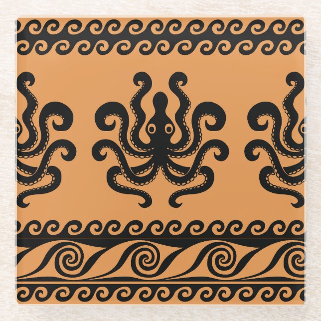 Ancient Greek octopus, wave pattern Glass Coaster (Front)