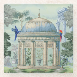 Ancient Greek Temple Garden Macaw Bird Pixie Green Glass Coaster
