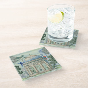 Ancient Greek Temple Garden Macaw Bird Pixie Green Glass Coaster