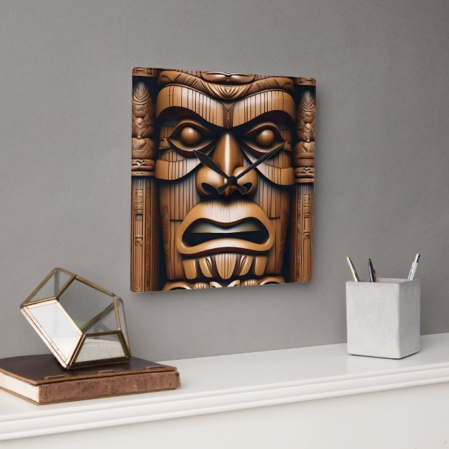 Ancient Guardians: Tiki Wood Art Square Wall Clock (Office)