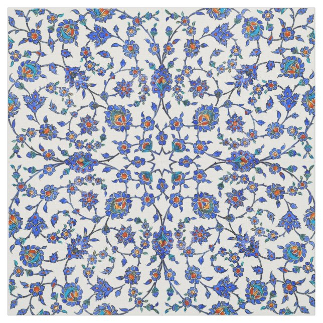 Ancient Handmade Blue Turkish Floral Tiles Pattern Fabric (Swatch)