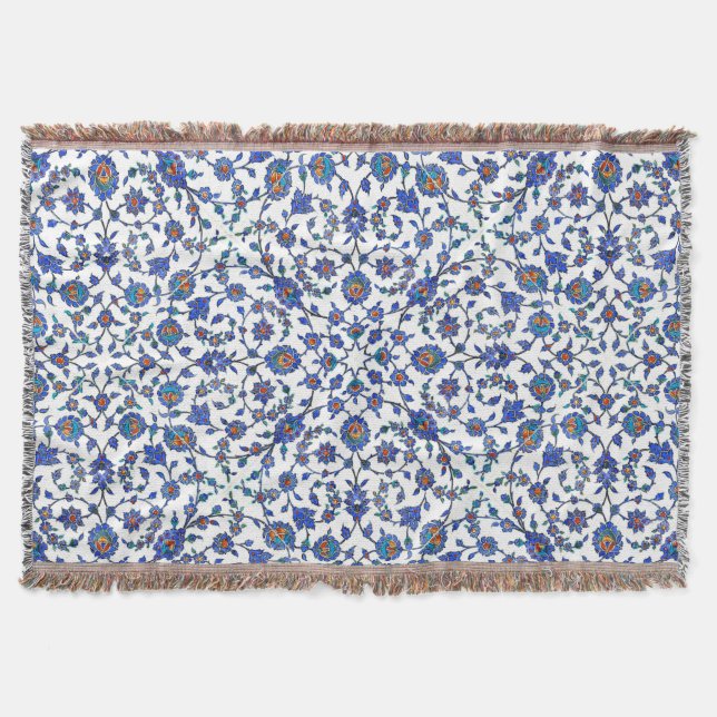 Ancient Handmade Blue Turkish Floral Tiles Pattern Throw Blanket (Front)