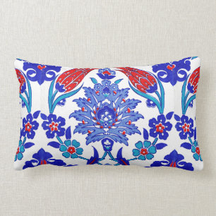 Ancient Handmade Turkish Floral Tulip Tile Pattern Lumbar Cushion