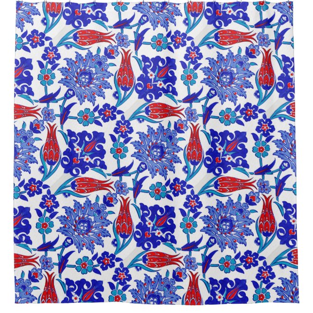 Ancient Handmade Turkish Floral Tulip Tile Pattern Shower Curtain (Front)