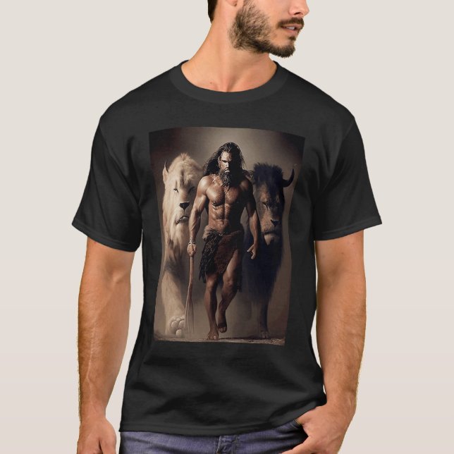 Ancient Hunting Family Pack Man and Lions with the T-Shirt (Front)