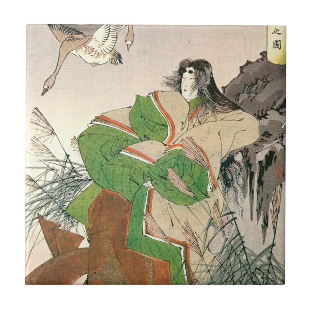 Ancient Japanese Art, Woman and Geese Ceramic Tile (Front)
