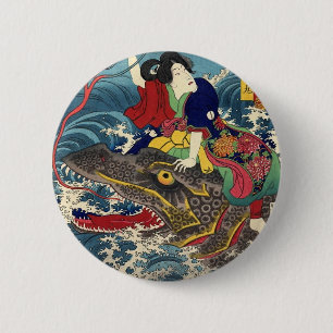 Ancient Japanese Painting, Japanese Woman Riding.. 6 Cm Round Badge