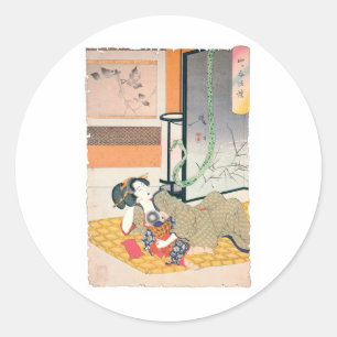 Ancient Japanese Painting, Mother and Baby Classic Round Sticker