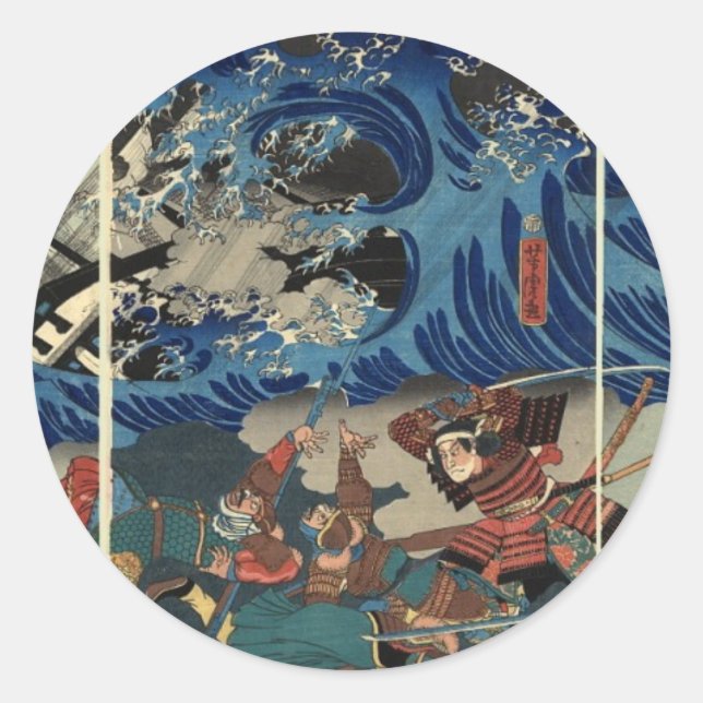 Ancient Japanese Painting of Samurai and Mongols Classic Round Sticker (Front)