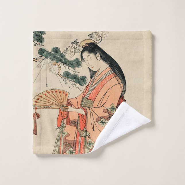 Ancient Japanese Wood Drawing with Woman Bath Towel Set (Wash Cloth)
