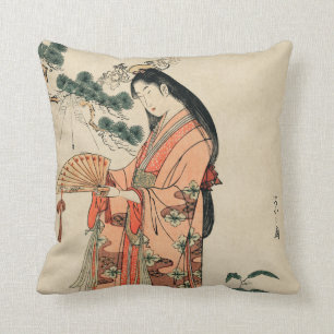 Ancient Japanese Wood Drawing with Woman Cushion