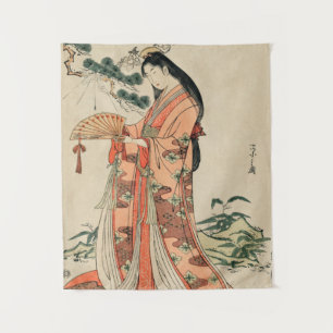 Ancient Japanese Wood Drawing with Woman Tapestry