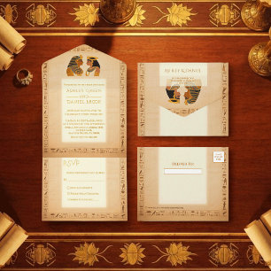 Ancient King and Queen Egyptian Wedding Gold Foil All In One Invitation