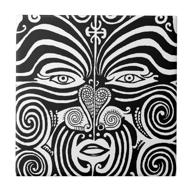 Ancient Maori Moko tribal tattoo design. Ceramic Tile (Front)