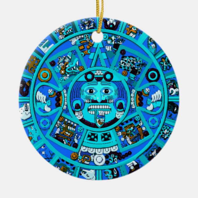 Ancient Mayan Aztec Symbol in Blue Ceramic Ornament (Front)
