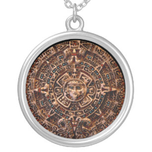 Ancient Mayan Sun Calendar Round Pendant Necklace
