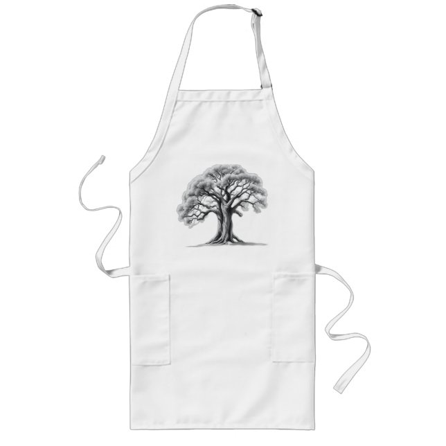 Ancient Oak Tree Charcoal Sketch Long Apron (Front)