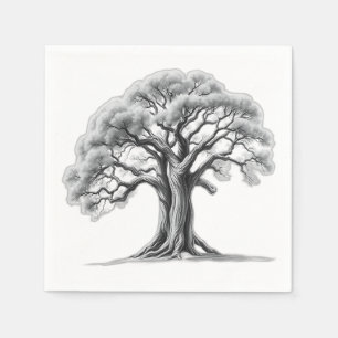 Ancient Oak Tree Charcoal Sketch Napkin