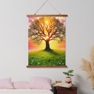 Ancient Oak Tree on Green Hill Sunset Hanging Tapestry