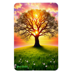 Ancient Oak Tree on Green Hill Sunset Magnet