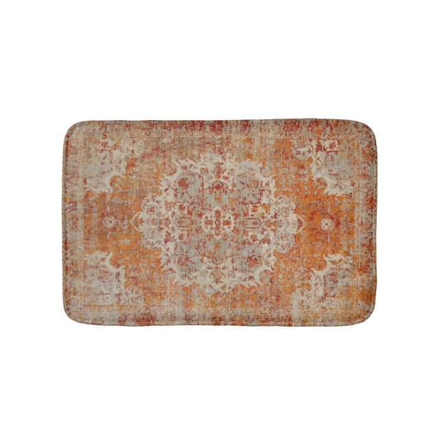 Ancient orange oriental carpet bath mat (Front)