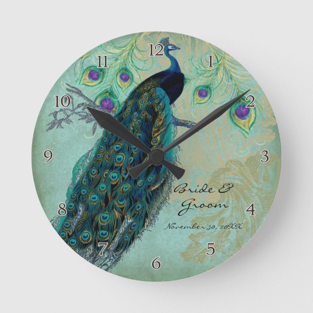 Ancient Peacock & Etchings Personalised Wedding Round Clock (Front)
