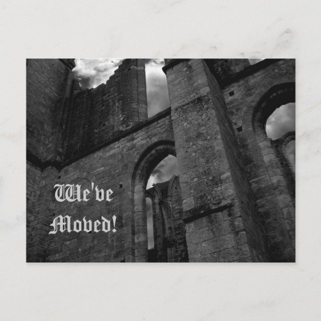 Ancient ruins moving to new address announcement postcard (Front)