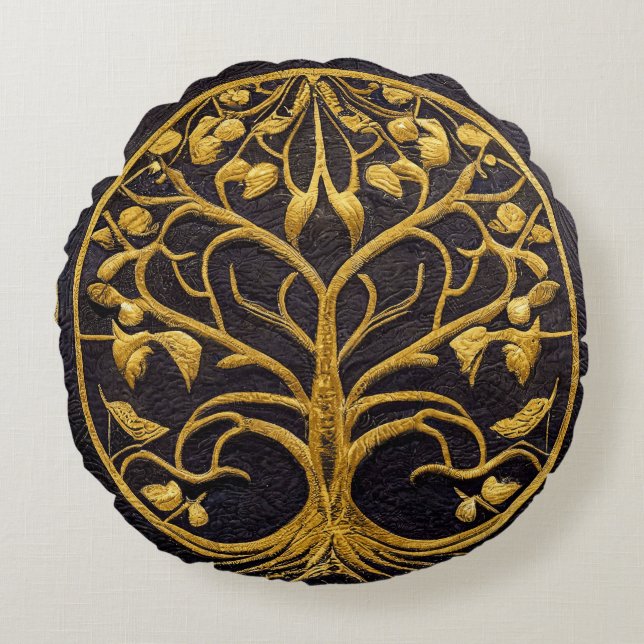 Ancient Rustic Blue Gold Tree of LIfe by kedoki Th Round Cushion (Front)