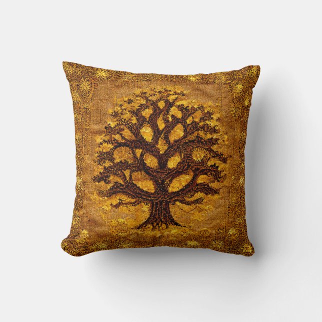 Ancient Rustic Brown & Gold Tree of LIfe by kedoki Cushion (Front)