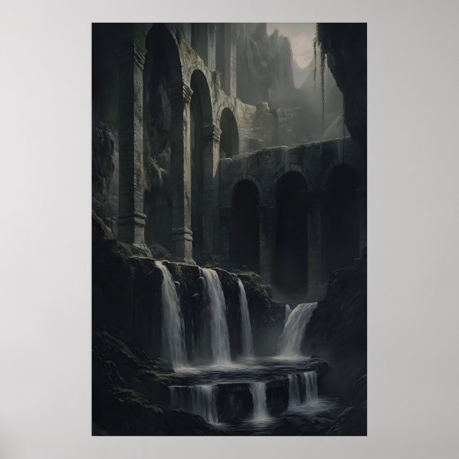 Ancient Rustic Landscape Waterfalls Art Printable Poster (Front)