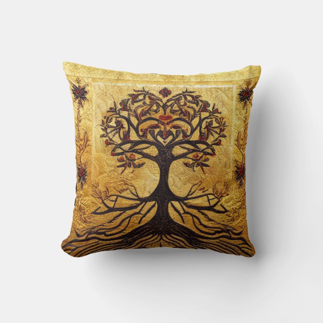 Ancient Rustic Red and  Gold Tree of LIfe by kedok Cushion (Front)