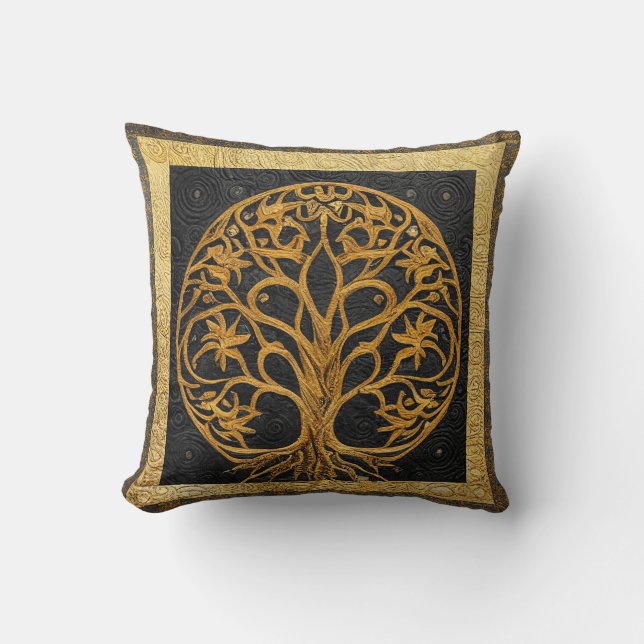 Ancient Rustic Round Gold Tree of LIfe by kedoki Cushion (Front)