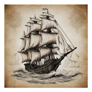 Ancient Sailing Ship in the Ocean  Poster