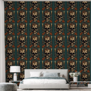 Ancient Skull, Red Roses And Vintage Candlesticks Wallpaper