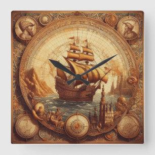 Ancient Spanish Sailing Ship 1 Square Wall Clock