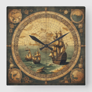 Ancient Spanish Sailing Ship 2 Square Wall Clock