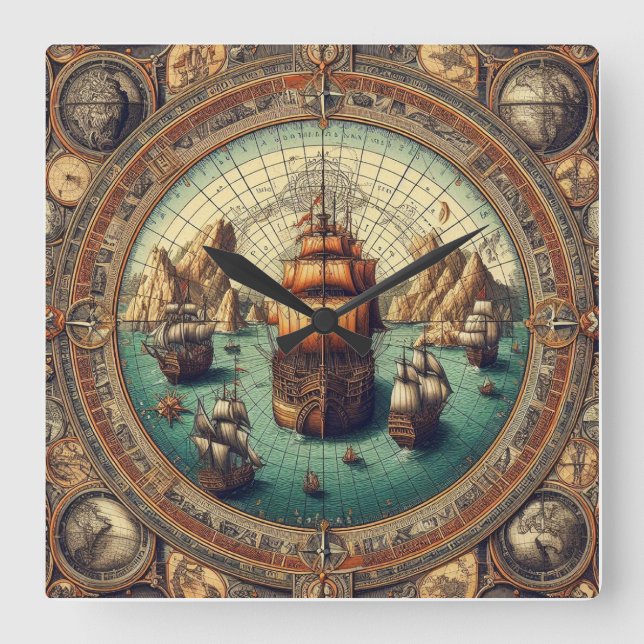 Ancient Spanish Sailing Ship, Map 3 Square Wall Clock (Front)