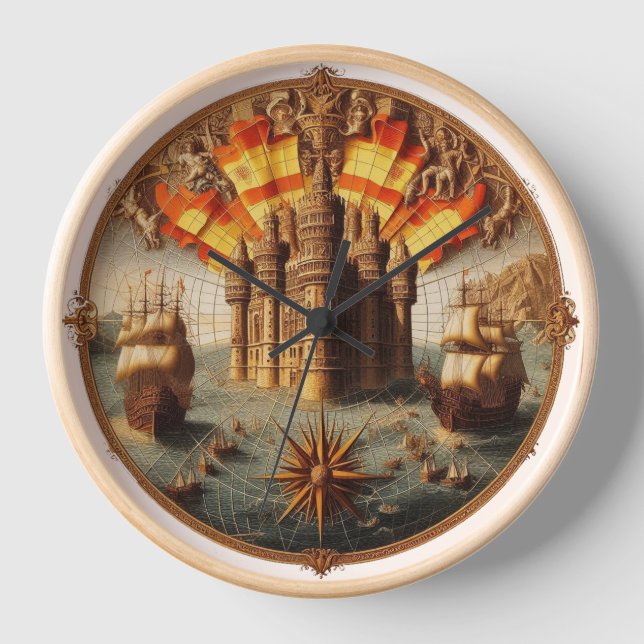Ancient Spanish Sailing Ship, Map 4 Clock (Front)