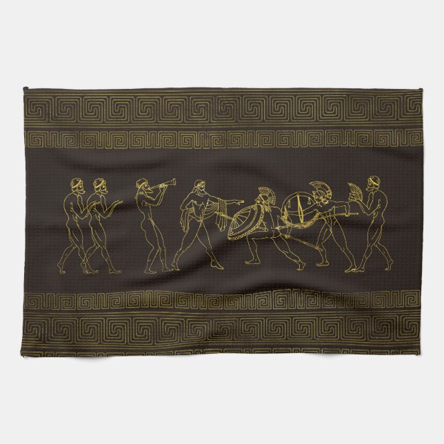 Ancient Sparta  Greece scene on greek pattern Tea Towel (Horizontal)