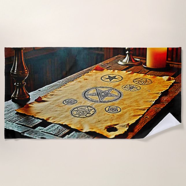 Ancient Spells on a Mystic Scroll Beach Towel (Front)