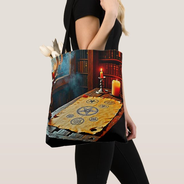 Ancient Spells on a Mystic Scroll Tote Bag (Close Up)