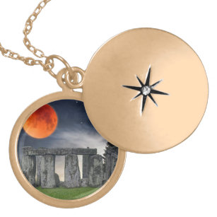Ancient Stonehenge & Mystical Red Full Moon Gold Plated Necklace