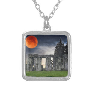 Ancient Stonehenge & Mystical Red Full Moon Silver Plated Necklace