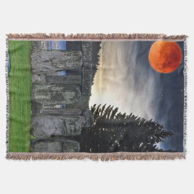 Ancient Stonehenge & Mystical Red Full Moon Throw Blanket (Front)