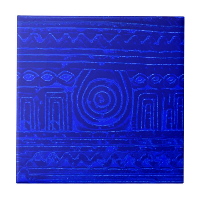 Ancient Sumerian Mesopotamian Pattern Blue Ceramic Tile (Front)