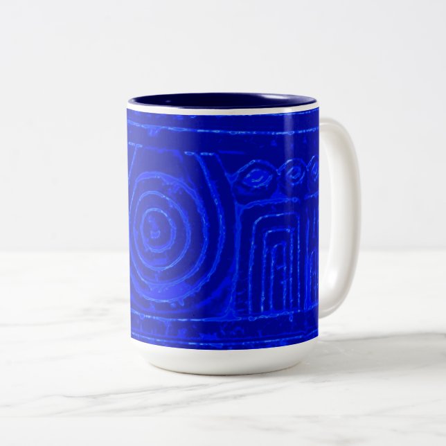 Ancient Sumerian Mesopotamian Pattern Blue Two-Tone Coffee Mug (Front Right)